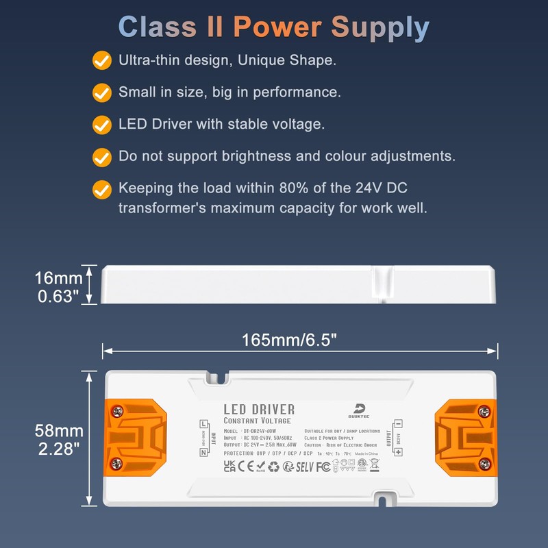 DUSKTEC LED Driver 24V 60W, IP44 Slim Switching Power Supply,