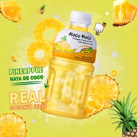 Mogu Mogu Drink Pineapple Juice (6 Bottles) Delicious drinks made with fruit juice and nata de coco (coconut jelly) Fun chewable juice boxes for kids. Juice bottles made for adults and kids ready to drink juices