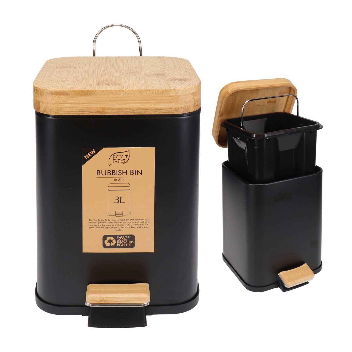 Eco Basics Rubbish Square Bin 3L, Black - Compact Bin with Recycled ...