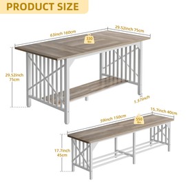 DWVO 3-Piece Dining Table Set for 4-6 People, 63" Dining Room Table with 2 Benches, Industrial Rectangular Dining Room Table Set with Storage for Kitchen, Dining Room, Washed Grey