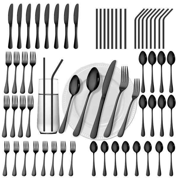 Gutuwellea 56 Pieces Black Silverware Service for 8 Flatware Set Stainless Steel Utensils Cutlery Set Dishwasher Safe