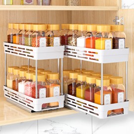DABIGE 2 Packs Pull Out Spice Rack Organizer for Cabinet, Slide Out Spice Racks Organizer, Easy to Install Spice Cabinet Organizers, 4.4''Wx10.5''Dx8''H, Each Tier Hold 10 Spice Jars - 2 Tier, White