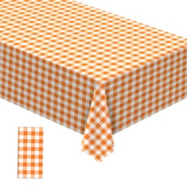 Buxiuer Orange and White Checkered Tablecloth Plastic Fall Thanksgiving Decoration Buffalo Check Plaid Disposable Table Cloth Dining Room Kitchen Decor 54 x108 Inch -Pack of 1 (Orange and White)