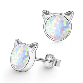 Cat Earrings for Girls, Hypoallergenic Fire Opal Stud Earrings ARSKRO S925 Sterling Silver Tiny Cute Little Small Earring Jewelry Gifts for Sensitive Ears Girls Kids