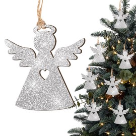 12 pcs Christmas Wooden Baubles Glitter Silver Angel Christmas Wooden Slices Hanging Ornaments Christmas Tree Hanging Decor for Christmas DIY Crafts Christmas Tree Decorations