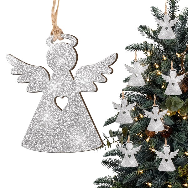 12 pcs Christmas Wooden Baubles Glitter Silver Angel Christmas Wooden