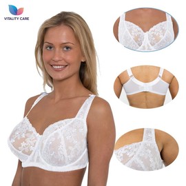 Vitality Care Ladies Full Coverage Floral Embroidered Lace Underwired Non-Padded Bra for Plus Size and Large Busts, Comfortable Adjustable Straps, Everyday Support Bra, White, Sizes 34-46, D-J Cups