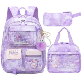 HANXIUCAO Kids Backpack School Bags for Girls Kawaii Teenage Multiple Pockets Bookbag for Elementary Primary Middle School (Kids Backpack+Insulated Lunch Bag+Pencil Case Purple)