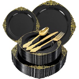 125PCS Black and Gold Plastic Plates - Black Disposable Dinnerware Set - Vintage Plastic Plates with Gold Silverware for 25 Guests for Wedding Party