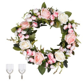 Fake Flowers Door Wreath 15"-16" Floral Artificial Peony Wreath with Green Leaves Handmade for Front Door Farmhouse Welcome Door Wall Home Decor Office Antique Pink