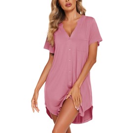 Ekouaer Nightgowns for Women Button Down Sleepwear V-Neck Sleepshirts Pajama Dress Pink M