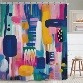 Yookeb Colorful Bright Abstract Art Bathroom Shower Curtain 60W by 71H Inch Brushstroke Modern Simple Minimalist Painting Contemporary Polyester Fabric 12 Plastic Hooks Waterproof Decor
