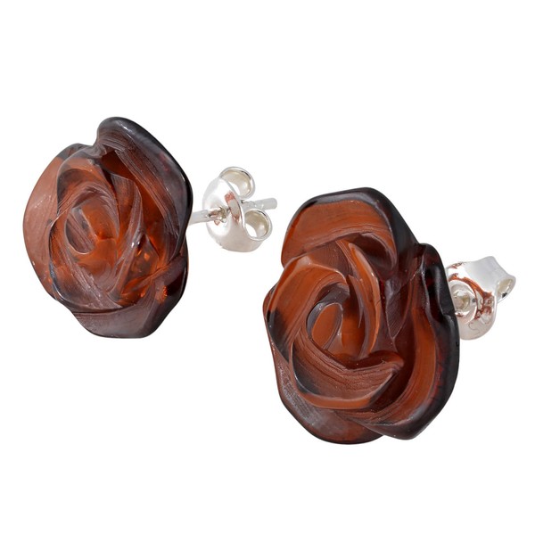 Sterling Silver and Hand Carved Cherry Baltic Amber Earrings Roses