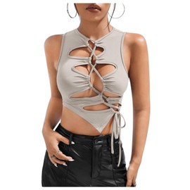 OYOANGLE Women's Cut Out Lace Up Round Neck Tie Front Asymmetrical Hem Crop Tank Top Light Grey Large