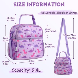 Lunch Box Bag for Kids,VASCHY Insulated Double Compartments Cooler Lunch Tote for Toddlers Girls School/Daycare/Picnic Lilac Dinos