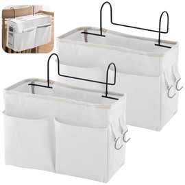 Forreen Bedside Storage Pocket, 2 Pcs Bedside Hanging Storage Basket Adjustable Mulit-purpose Bed Organiser Caddy with Iron Hanging Hook for Home, School, Dormitory, Bedroom (White)