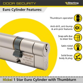 Sterling Int Ext TS007 BS1 1 Star Police Approved Secured by Design Thumbturn Door Cylinder, Satin Nickel, 40mm Internal 60mm External (100mm Total)
