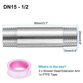 uxcell 2pcs Shower Head Extension Arm 80mm(3.1") Length Stainless Steel Shower Head Extender Straight Pipe Fitting Pipe Extension with PTFE Tape, Silver Tone