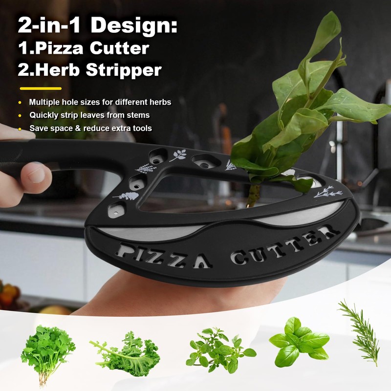 2-in-1 Pizza Cutter Rocker Blade with Herb Stripper Holes, Sharp
