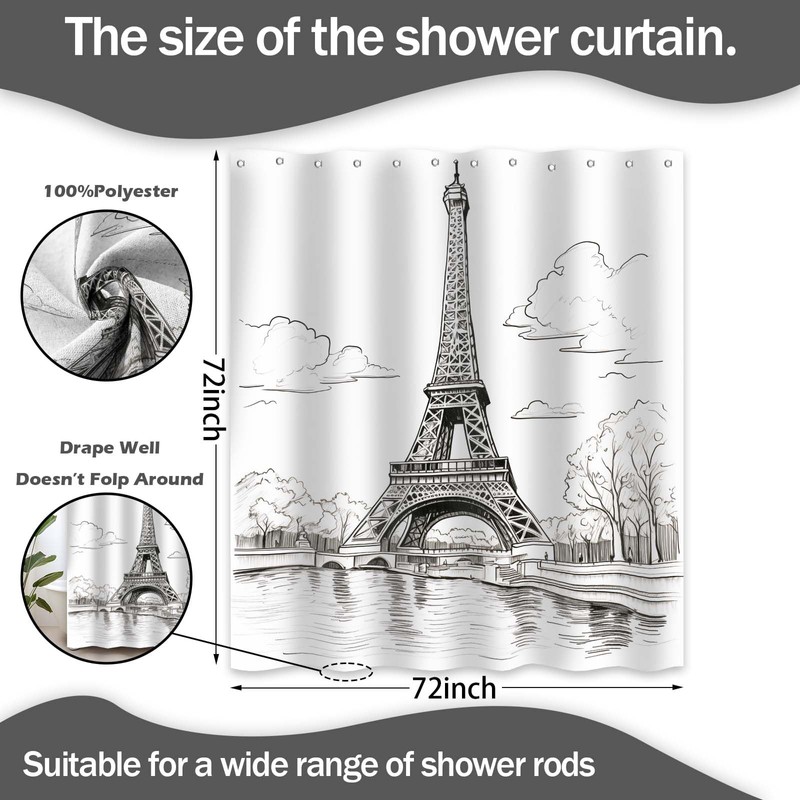 DLTAY Eiffel Tower Shower Curtain Paris French City White Bathroom