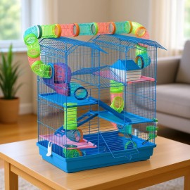 Extra Large 5 Tier Plastic Hamster Cage Blue Wheels Tubes Water Bottle Plastic Tray for Small Animal Indoor Use D0100X3HCPPColor: Blue Color