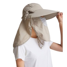 icolor Women Sun Cap Finshing Hats UPF+50 Detachable Face Mask Neck Flap Visor Wide Brim Sun Protection Hiking Hats Khaki