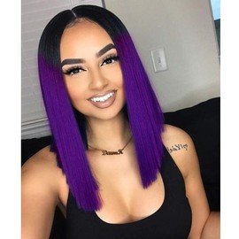 HANNE Ombre Black to Purple Bob Wig Shoulder Length Bob Hair Short Straight Hair Bob Wigs for Women Ombre Purple Wig (Ombre Purple)