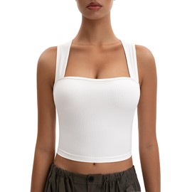 MOSSROZZ Women's Crop Tank Top White Ribbed Sleeveless Shirts Wide Strap Square Neck Casual Basic Tanks 2025 Summer Stretch Undershirts for Workout, S