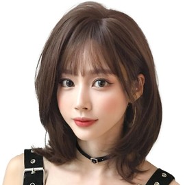 LINXAS Wig, Semi-Long, Full Wig, Medium, Natural with Bangs, Bob, Natural Wig, Women's, Wig Wig, Cosplay with Net