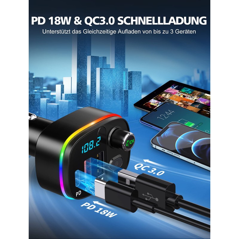 Mohard Bluetooth Adapter Auto, PD 18W&QC3.0 FM Transmitter Auto, 9