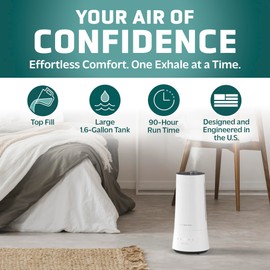 PureGuardian 90-Hour, 1.6 Gallon Top Fill Cool Mist Ultrasonic Humidifier for Large Rooms with Humidistat, 12-Hour Timer, Aroma Tray Bedroom, Living Room, Office, White, H997W