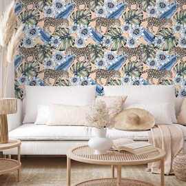 VEELIKE Peach Tropical Wallpaper Peel and Stick Removable Exotic Leopard Jungle Wallpaper Mural for Nursery Bedroom Bathroom 17.7''x354'' Self Adhesive Cheetah Mural Contact Paper for Walls Cabinets