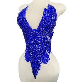 MOPISVN Handmade Rhinestones Applique Glass Stones Beads Bright Crystal Lace Patches Bodice Accessories for Weding Dress Decorations 14.17X24.4inches (Blue)