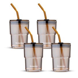 BLUEPOLAR 13oz/400ml Glass Water Tumbler with Straw and Lid Sealed Carry On Thick Wall Iced Coffee Cup Glass Cup for Water, Iced Tea Fruit Juice Etc(Amber-4Pack)