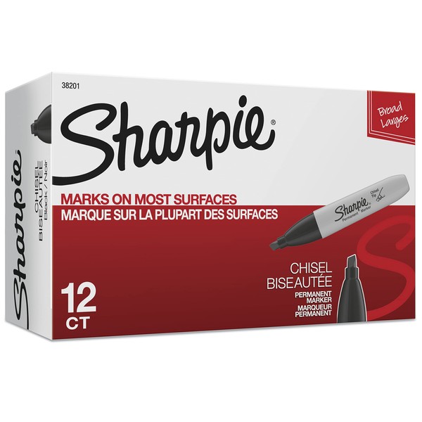 Sharpie 38201 Permanent Markers, Chisel Tip, Black, 12 Count