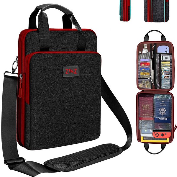ZINZ 12.9 13 inch Laptop Case Shoulder Bag with Variable Capacity and Strap, Carry Case for Travel with Valuables & Notebook Compartments, Eco-Friendly and Water-Resistant Sleeve,Black&Red