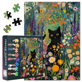 Puzzle 1000 Pieces Adult - Black Cat & Flowers Theme Jigsaw Puzzle (27.5 x 19.7 Inch), Blooming Wildflower Challenging Puzzles for Adults, Family Game for Men and Women
