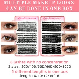 570pcs Cluster Lashes Kit, Individual Eyelashes Kit, D Curl Cluster Lashes 8-16MM Fluffy Volume Fake Eyelashes, DIY Russian ClusterLashes, (30D+40D+50D+60D+80D+100D), Soft, Thick & Lightweight