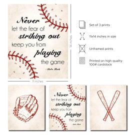 Set of 3 Baseball Prints | Unframed Baseball Wall Decor For Sports Fans | Boys Room Decor | Baseball Inspirational Quote | Baseball Stuff | Boys Bedroom Decor | Size 11×14 inches