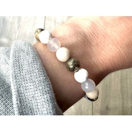 Pyrite Bracelet and Magnesite Bracelet - Natural Crystal Beaded Bracelet - 8mm Beaded Bracelet - Lava Stone Bracelet - Aromatherapy Bracelet (6.5 inch Medium)