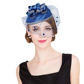 Royal Blue Formal Church Fascinator Hat for Women Ladies Girls Wedding Bride Cocktail Tea Party Dress Derby Hat with Veil Flower Rhinestone