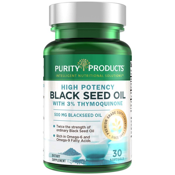 High Potency Black Seed Oil - Double Strength + Cold Pressed - 3% Thymoquinone - 500 mg Black Cumin Seed Oil - Omega 6 + 9 Essential Fatty Acids - Easy to Swallow, Just One Per Day - 30 Mini Softgels