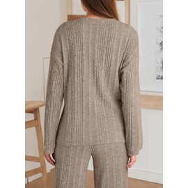 Dokotoo Two Piece Sets for Women Fall Outfits Lounge Sets Ribbed Knit Button V Neck Pullover Tops Wide Leg Pants Solid Color Cute Lightweight Soft Stretch 2 Piece Loungewear Set Apricot Large