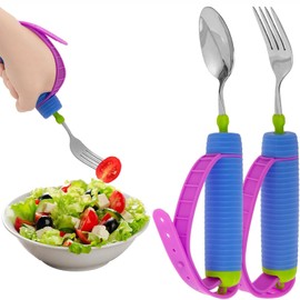 Adaptive Utensils for Arthritis, Parkinson’s & Hand Tremors – 360° Rotating Weighted Fork and Spoon with Adjustable Silicone Strap, Non-Slip Handle, Promote Independent Eating for Elderly