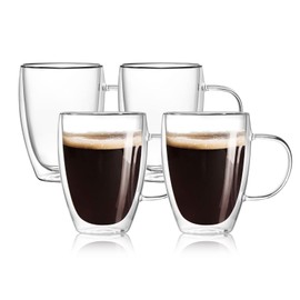 Wells 4-Pack 12 Oz Double Walled Glass Coffee Mugs with Handle, Insulated Layer Cof...