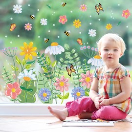 FYSUIMU Spring Floral Window Clings Flower Plant Butterfly Bee Glass Decals 11.8 x 15.7 Inch Double-Side Window Decals Reusable Anti Collision PVC Stickers for Home Glass Mirror Decoration, 4 Sheet