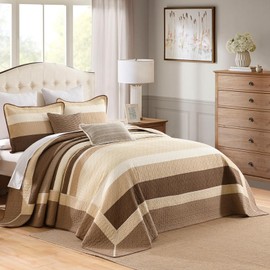 SahSahCasa 128"x120" 100% Cotton Oversized California King XL Bedspread Coverlet Quilt Set, Cal King Quilted Striped Bedspread Extra Large Quilt, Bed Spread Lightweight Comforter, Brown/Beige