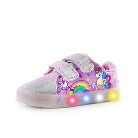 YESKIS Toddler Girls Light Up Shoes LED Flashing Cartoon Barefoot Walking Canvas Sneakers for Little Kid Purple 12
