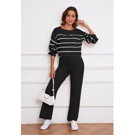Pink Queen Two Piece Outfits for Women Lounge Sets Striped Knit Long Sleeve Sweater Tops Wide Leg Pants Travel Loungewear Casual Fall 2024 Black Stripe M