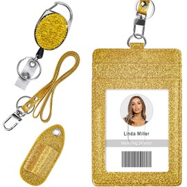 Retractable ID Badge Holder, Multipurpose Bling Rhinestone Badge Reel with Belt Clip Key Ring, Shiny PU Leather Badge Holder with Lanyard and Pen Holder for Nurse, Teacher,Office Worker (Gold)